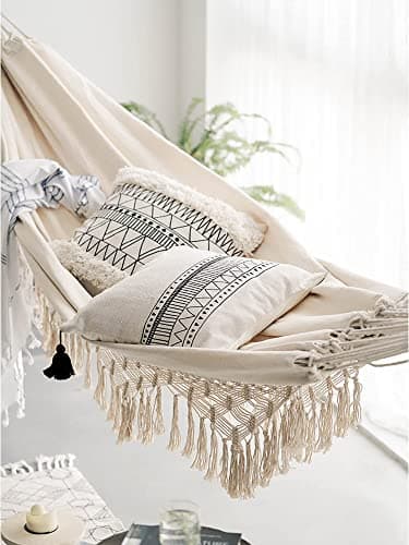 Xuanmuque Double Sized Boho Macrame Cream Hammock with Elegant Tassels and Fishtail Knitting 485Lbs Includes Tie Ropes and White Drawstring Bag for Women