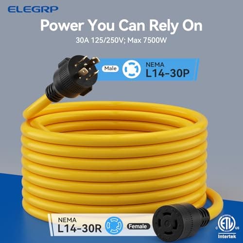 ELEGRP 30 Amp Generator Extension Cord 50 Feet, 4-Prong NEMA L14-30P to L14-30R, 120/250V Up to 75000W, 10 Gauge Heavy Duty SJTW Locking Power Cord for Portable Generators, Home Backup, ETL Listed