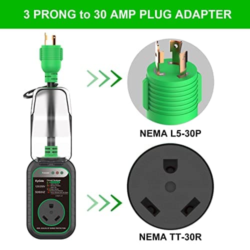 EyGde 15 Amp to 30 Amp RV Adapter with Surge Protector - Upgraded NEMA 5-15P Male to TT-30R Female Plug, 15A to 50A RV Circuit Analyzer Power Protection with Waterproof Cover for 30Amp Camper Trailer