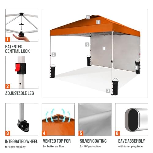 CROWN SHADES 10x10 Pop Up Canopy with 1 Side Wall - Beach Tent with One Push Setup - Outdoor Sun Shade for Events, Parties, Camping - Gazebo with STO-N-Go Cover Bag (Orange)