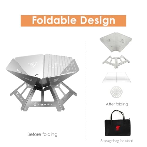Foldable Portable Fire Pit,Stainless Steel Fire Pits with Charcoal Grill Net and Storage Bag,Camping Fire Pit Grill for Patio Outdoor Barbecue Campfire Bonfire