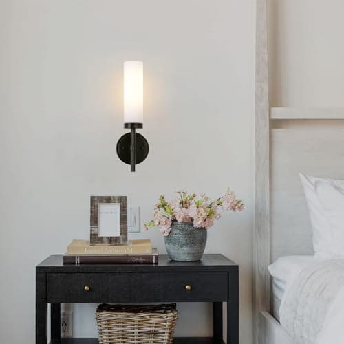 Black Bathroom Wall Sconces Set of 2, Modern Sconces Wall Lighting Vanity Lights with Opal White Glass Shade, Farmhouse Wall Mount Lamp for Mirror Living Room Bedroom Hallway Kitchen Stairs