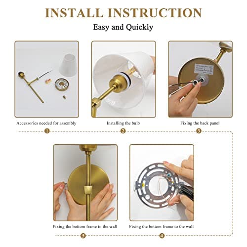 Bsmathom Wall Sconces Sets of 2, Classic Brushed Brass Sconces Wall Lighting, Hardwired Bathroom Vanity Light Fixture with Fabric Shade for Bedroom Living Room Hallway Kitchen, Gold