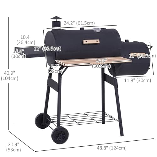 Outsunny 48" Portable Barrel Charcoal BBQ Grill, Steel Outdoor Barbecue Smoker with 232 Square Inches Cooking Space, Storage Shelf, Wheels for Garden Camping Picnic, Black