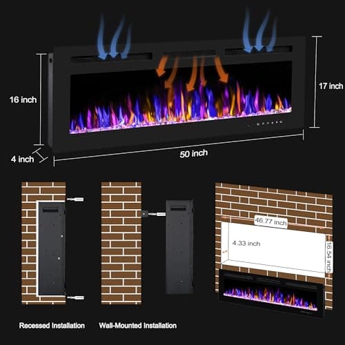 50" Electric Fireplace Wall Mounted and Recessed with Remote Control, 750/1500W Ultra-Thin Wall Fireplace Heater W/Timer Adjustable Flame Color and Brightness, Log Set & Crystal Options