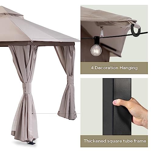 LAUSAINT HOME Outdoor Patio Gazebo with Expansion Bolts, Double Roof Soft top Gazebos Shelter Party Tent with Mosquito Nettings and Privacy Screens for Backyard, Deck, Garden, Lawn (10x10, Khaki)