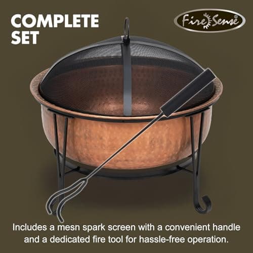 Fire Sense 62665 Fire Pit Palermo Copper with Steel Stand Wood Burning Lightweight Portable Outdoor Firepit Included Mesh Spark Screen Steel Grate Screen Lift Tool & Vinyl Weather Cover - 26.5"