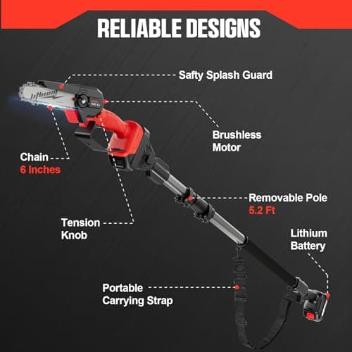 Cordless Pole Saw, 2-in-1 6" Battery Powered Pole Saws for Tree Trimming, 20V 2.0Ah Battery Mini Chainsaw with Pole, 15ft Reach Small Pole Saw for Wood Cutting, Trimming