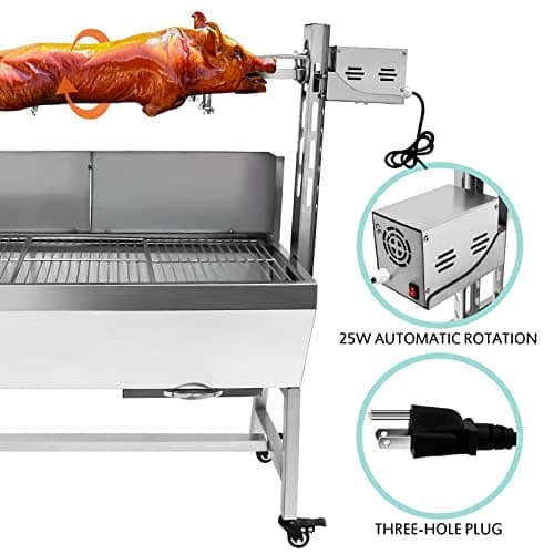 Stainless Steel Rotisserie Grill with Back Cover Guard, 25W Motor Small Pig Lamb Roaster, 37'' 2 in 1 BBQ Charcoal Rotisserie Grill for Camping Outdoor Kitchen