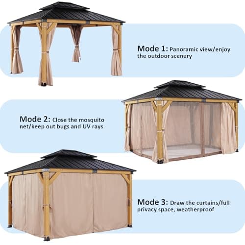 StarEcho 10'x12' Wooden Hardtop Gazebo,Wood Heavy Duty Solid Cedar Gazebos with Mosquito Netting and Waterproof Curtains,Outdoor Metal Canopy for Backyard,Lawn, Garden, Deck