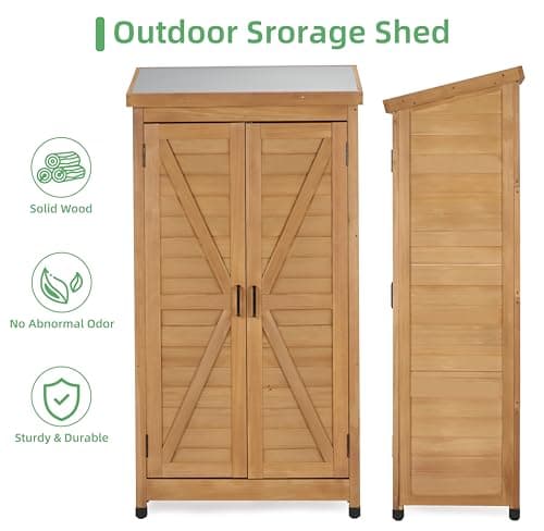 58''x30''x18'' Outdoor Wooden Storage Shed with Metal Top Tall Vertical Tool Cabinet for Backyard Garden Patio Lawn (Gold)