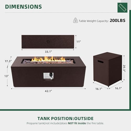UPHA 42-inch Outdoor Propane Gas Fire Pit Table 50000 BTU Iron Rectangle FirePit for Outside Patio with Tank Hidden Table, Removable Lid, Lava Rocks, Rain Cover, Brown