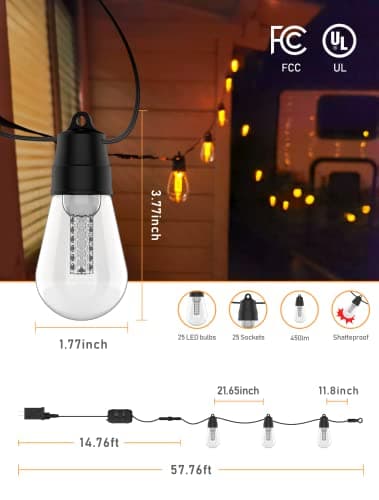 Outdoor String Lights with Dimmer - 50Ft Led Patio Lights App Control Commercial Grade Weatherproof Outside Light with Timer 3 Modes 25 S14 Edison Vintage Shatterproof Bulbs for Patio Garden Backyard