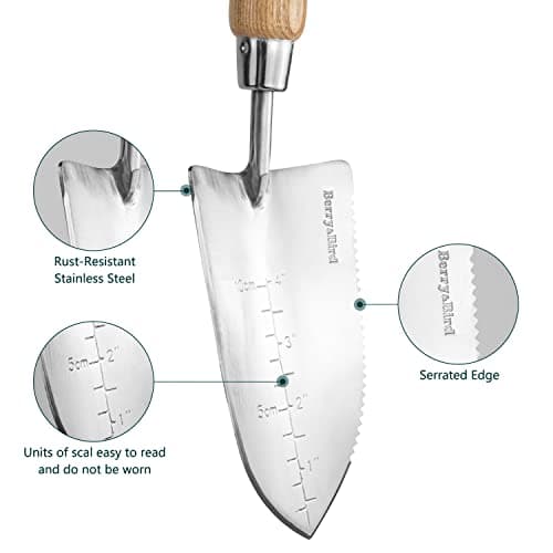 Garden Serrated Planting Trowel, Multifunctional Shovel with ash Wood and Stainless Steel Digging Trowel Transplanter