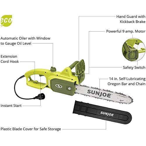 Sun Joe SWJ599E 14-inch 9-Amp Tree Limb Master Electric Handheld Chainsaw with Low-Kickback