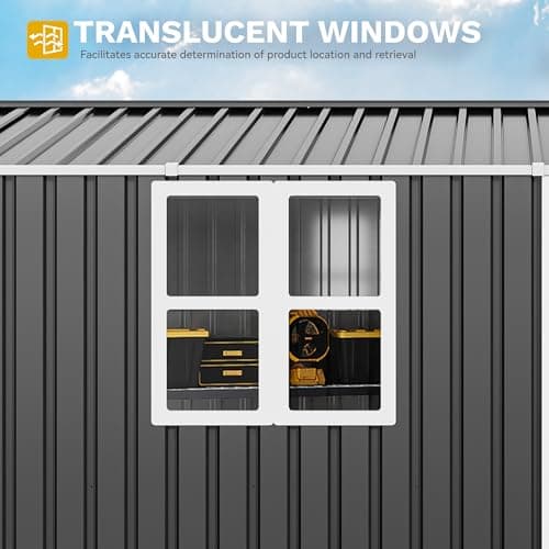 DWVO 12' x 8' Outdoor Storage Shed, Waterproof Metal Garden Shed with Windows, Lockable Doors, and Sloped Roof for Patio, Backyard, Lawn, Tool Storage, Bike Shed, Pet Shelter (Gray + White)