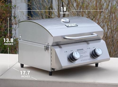 Monument Grills Tabletop Propane Gas Grill for Outdoor Portable Camping Cooking with Travel Locks, Stainless Steel High Lid, and Built in Thermometer