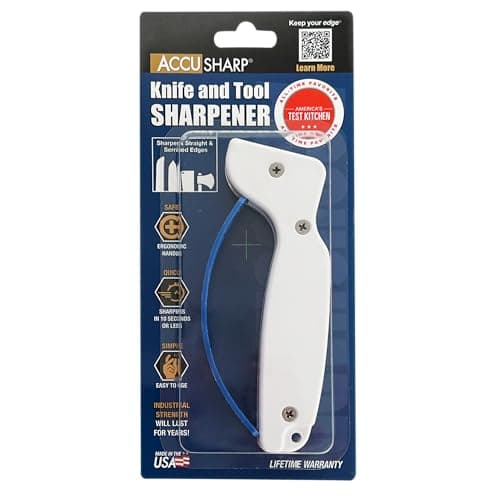 AccuSharp Knife Sharpener, Ergonomic Comfortable Handle, Compact & Easy to Use, Restore and Hone Straight & Serrated Knives, White