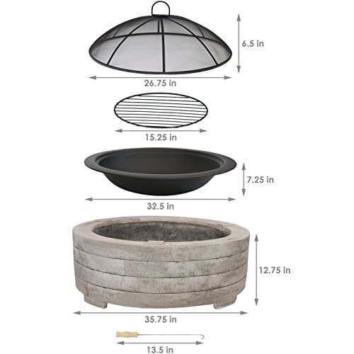 Sunnydaze 36-Inch Faux Stone Fire Pit Bowl with Handles - Wood Burning Fireplace with Spark Screen and Poker