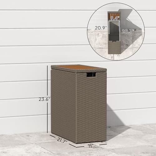 Outsunny 17 Gallon Wicker Small Deck Box, PE Rattan Outdoor Storage Box with Slatted Acacia Wood Flip Top for Indoor, Patio Furniture Cushions, Pool Supplies, Garden Tools, UV Resistant, Teak