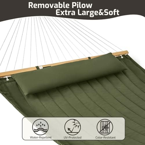 Double Quilted Fabric Hammock with Hardwood Spreader Bars and Pillow 450 LBS Capacity 2 Person Hammock Large Hammock for Outdoor Patio Backyard Poolside - Green