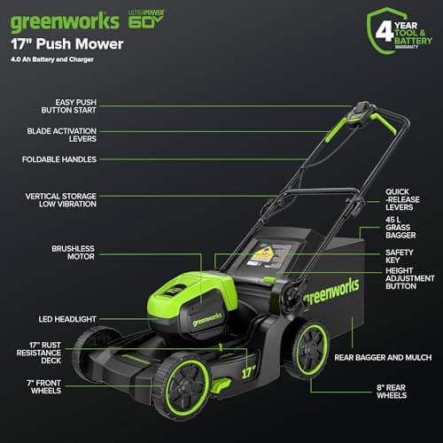 Greenworks 60V 17" Brushless (Push) Lawn Mower, 4.0Ah Battery and 3A Charger