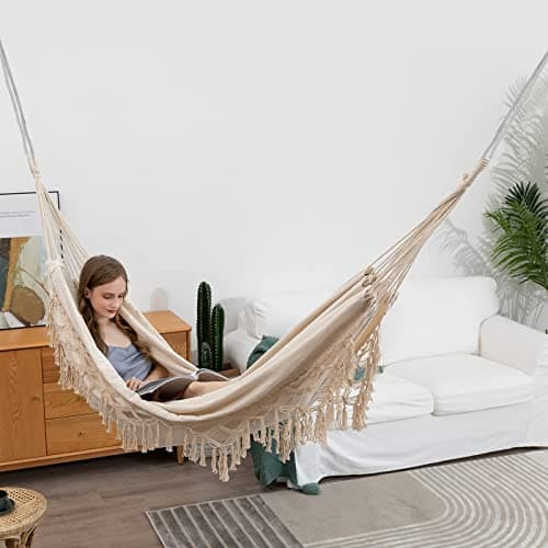 Double Boho Macrame Hammock with Elegant Tassels for Patio, Yard, Beach Wedding Decor, Outdoor and Indoor Up to 450lbs Include Tie Ropes and Drawstring Bag