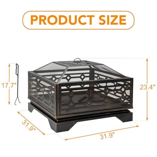 Outdoor Fire Pit, 32 Inch Wood Burning Firepit for Outside with Mesh Cover & Fire Poker, Large Extra Deep Square Metal Fireplace for Patio, Backyard, Camping, Bonfire Party