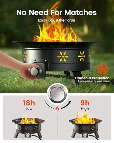 AMADA HOMEFURNISHING 19″ Propane Fire Pit with Grill Grate, 58,000 BTU, Folding Legs, Propane Tank Holder, Cover, and Carry Strap, No Ignition Needed, Easy Flame Adjustment, CSA-Certified, Portable