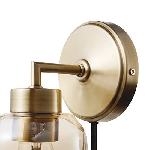 GLOBE Electric 51715 1-Light Plug-in or Hardwire Wall Sconce, Matte Brass, Smoked Amber Glass Shade, Black Fabric Cord, in-Line On/Off Switch, Bedroom, Living Room, Mounted Bedside Lamp