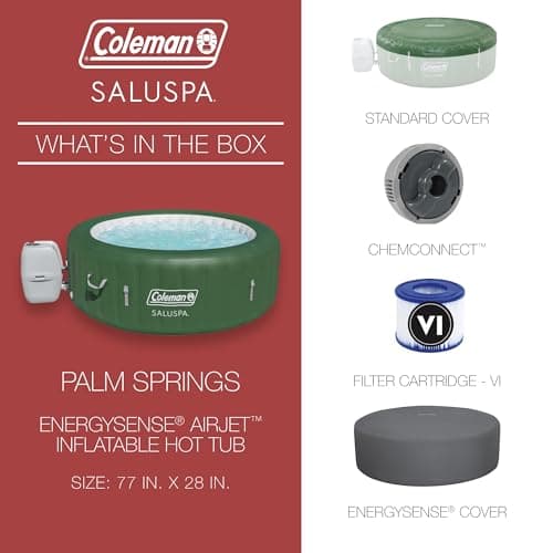 Coleman Palm Springs EnergySense AirJet Inflatable Hot Tub Spa (77" x 28") | Portable Hot Tub with 2 Covers (1 Energy-Efficient Thermal Cover and 1 Standard Cover) | Fits Up to 4-6 Persons | Green