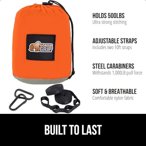 GORILLA GRIP Durable Portable Camping Hammock, Holds 400lbs with Heavy Duty Tree Straps, Comfortable Travel Swing, Camp Hammocks, Easy to Use and Install, Outdoor Essentials, Orange, 10x6.5 FT
