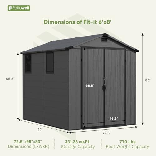 Patiowell 6 x 8 FT Plastic Outdoor Storage Shed with Floor, Resin Outside Tool Shed with Two Windows and Lockable Door for Garden, Backyard, Tool Storage Use, Easy to Install, Dark Grey