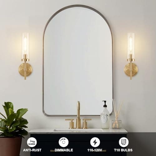 Gold Wall Sconces Set of 2, Modern Bathroom Sconces Wall Lighting Vanity Light Fixtures with Clear Glass, Brushed Brass Wall Mount Lights for Living Room Corridor Mirror Bedroom Stairs