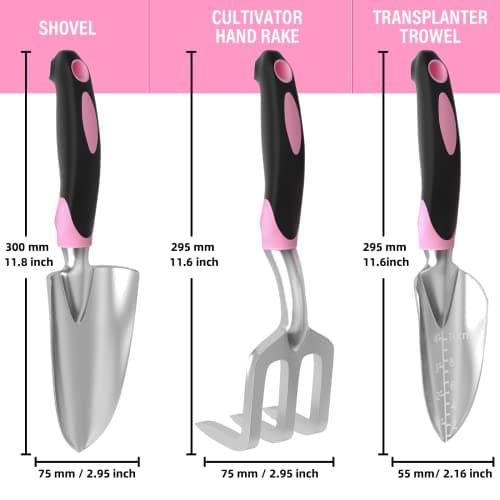 Garden Tool Set SOYUS Heavy Duty 3 Piece Gardening Hand Tools Aluminum Garden Shovel for Planting Hand Trowel Cultivator Rake with Ergonomic Non-Slip Rubber Grip Pink Gardening Gifts for Women