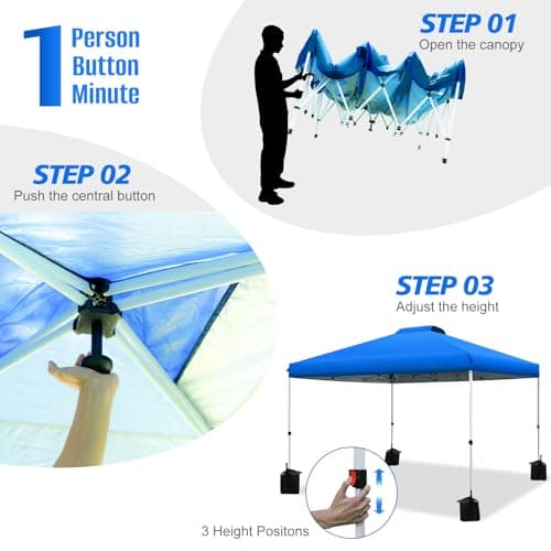 WEIZE Pop up Canopy Tent 10x10ft, 1-Button Push Setup, Instant Portable Shelter, Adjustable Height, Portable Roller Bag, 4 Weight Bags, Guy Ropes & Stakes Included Blue