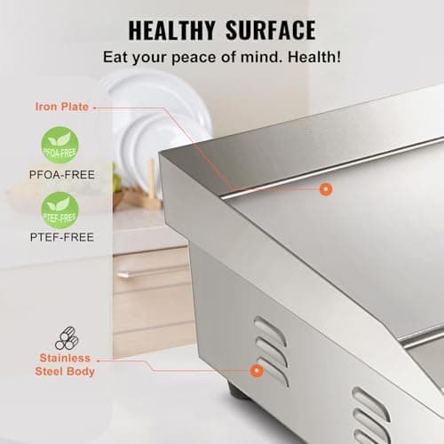VEVOR Commercial Electric Griddle, 22", 1600W Countertop Flat Top Griddle, Stainless Steel Teppanyaki Grill w/Iron Cooking Plate, 122-572℉ Adjustable Temp Control 2 Shovels & Brushes, 110V