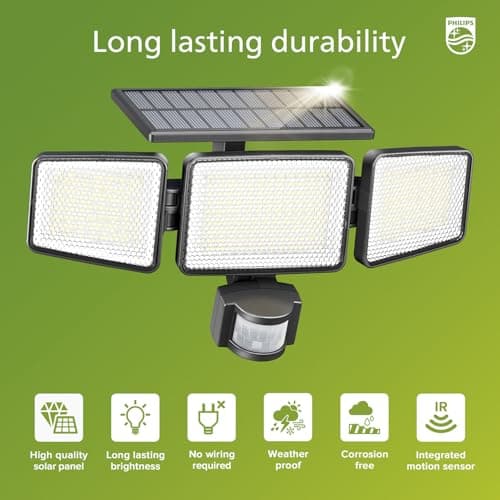 Philips Solar Security Light Outdoor 302 LED 1200lm，Solar-Powered Waterproof Wall-Mounted Flood Light w/PIR Motion Sensor, 3 Heads, IP65 Waterproof, 3 Modes (2 Packs)