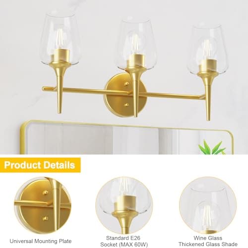 Bathroom Vanity Light Fixture, 3 Light Modern Gold Vanity Lighting fixtures, Lighting Fixtures Over Mirror, Wall Lamp with Clear Glass for Bathroom, Hallway, Bedroom with E26 Socket