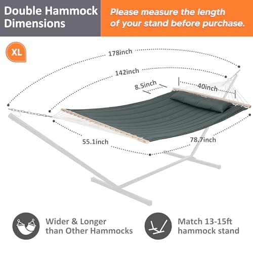 SUNCREAT Double Hammock for 2 Person, Extra Large Outdoor Portable Hammock with Hardwood Spreader Bar, Soft Pillow, 475 lbs Capacity, Gray Green