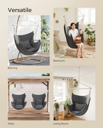 SONGMICS Hammock Chair, Load Capacity 500 lb, Hanging Chair with 2 Cushions, Large Hammock Swing with Chain and Pocket, for Indoor, Outdoor, Living Room, Bedroom, Slate Gray UGDC197G02