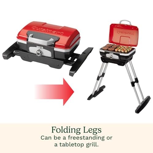 Cuisinart Petite Gourmet Portable Gas Grill with VersaStand™, Compact Tabletop BBQ, 150 Sq. In. Cooking Surface, 5,500 BTU Burner Small Gas Grill, Adjustable Telescoping Base and Carry Handles