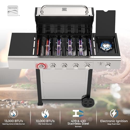 Kenmore BBQ Propane Gas Grill - 5 Burners with Side Burner & Searing Zone, 644 Sq. In. Stainless Steel Grill, 66,000 BTU, Ideal for Outdoor Cooking, Patio & Backyard, Silver