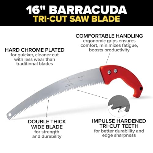 Jameson HS-16TE-O Barracuda™ Tri-Cut Hand Saw, 16" Impulse-Hardened Steel Blade with Orange Ergonomic Soft Grip Handle, Replaceable Blade for Clean Cuts
