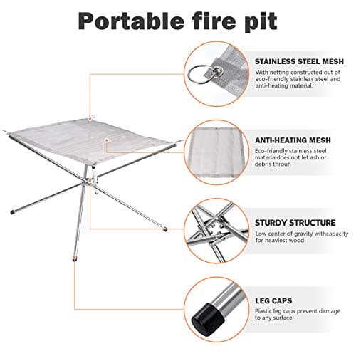 Portable Outdoor Fire Pit 22 Inch Upgrade Foldable Stainless Steel Mesh Fire Pit Wood Burning, Collapsible Fireplace Space Saving Perfect for Camping, Backyard, Patio, Garden (Carrying Bag Included)