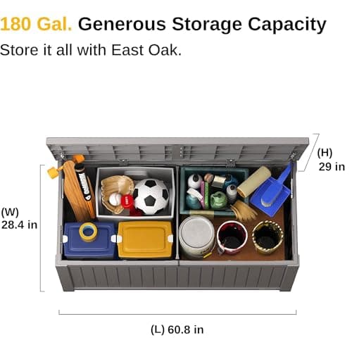 EAST OAK Outdoor Storage Box, 180 Gallon Deck Box, Large Resin Storage Bin for Patio Cushions, Gardening Tools, Lockable, Waterproof and UV Resistant, Grey