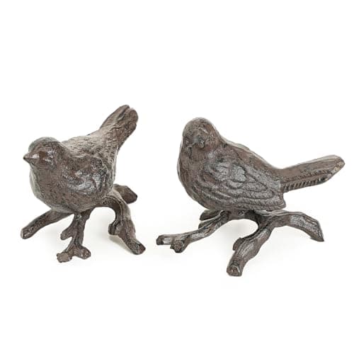 Sungmor Cast Iron Small Bird Statues, Set of 2 Realistic Rust Brown Bird with Branch Collectible Figurines, Farmhouse Home Garden Decorative Sculpture, Indoor and Outdoor Ornaments