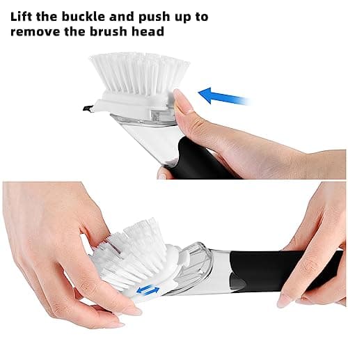 SUBEKYU Dish Brushes with Soap Dispenser, Kitchen Dish Scrubber Brushes with Handle, Dishwashing Cleaning Scrubbers for Dishes/Pans/Pots, Black, 2Pack