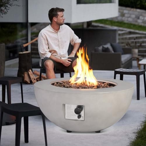Outdoor Propane Fire Pit Table - 31.5 Inch Concrete Round Fire Table Bowl 50,000 BTU Gas FirePit Burner with Steel Lid, Lava Rocks, Rain Cover for Outside Patio, Backyard, Party
