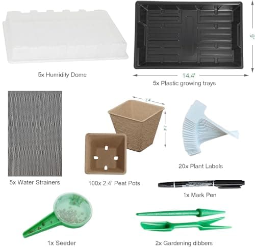 Seed Starter Kit with 100 Peat Pots for Seedlings Seed Starter Tray, 5 Plastic Growing Trays with Water Strainer & 20 Plant Labels Outdoor or Indoor Herb Garden Nursery